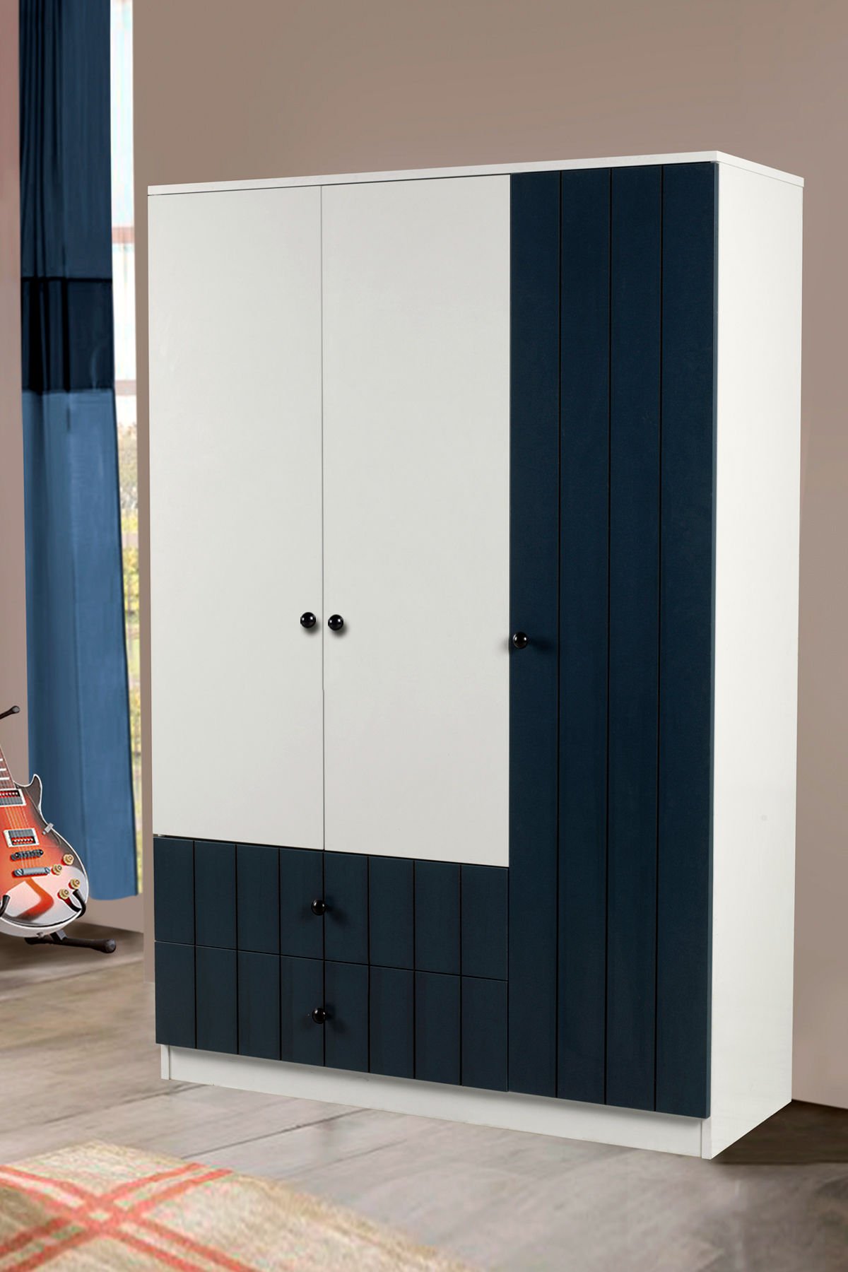 YOKO 3 KAPAKLI DOLAP (120CM) (BEYAZ-MAVI)